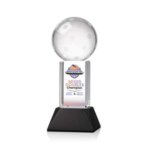 Awards and Trophies - Crystal Awards - Pickleball Full Color Black on Stowe Base Globe Crystal Award