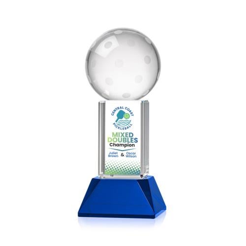 Awards and Trophies - Crystal Awards - Pickleball Full Color Blue on Stowe Base Globe Crystal Award