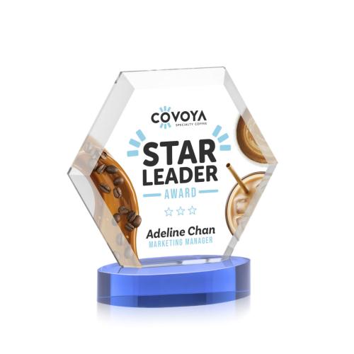 Awards and Trophies - Crystal Awards - Barnett Full Color Sky Blue on Alberton Base Polygon Crystal Award
