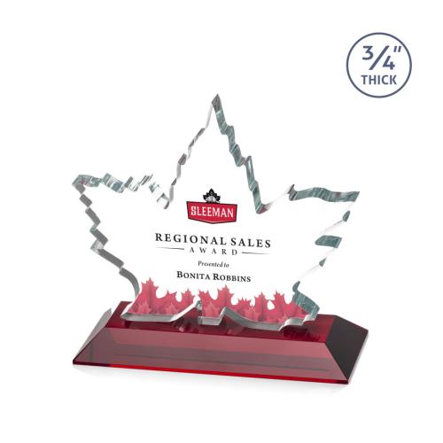 Awards and Trophies - Crystal Awards - Maple Leaf Full Color Red Unique Crystal Award