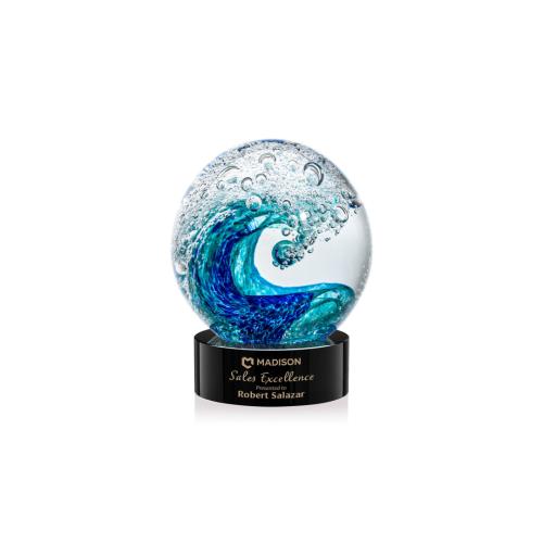 Awards and Trophies - Crystal Awards - Glass Awards - Art Glass Awards - Surfside Black on Stanrich Base Globe Glass Award