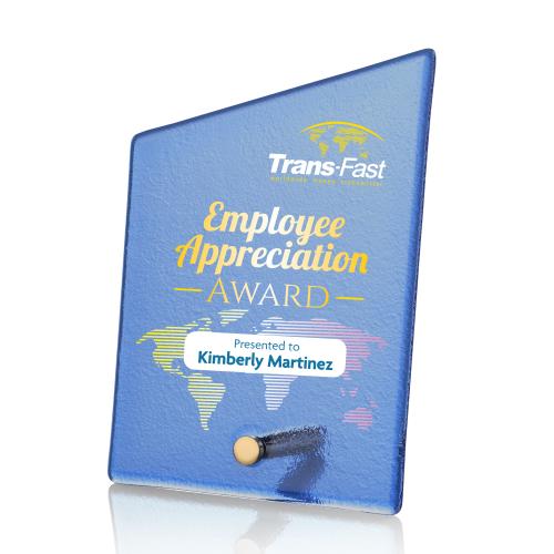 Awards and Trophies - Crystal Awards - Glass Awards - Atchison Blue Slant Full Color Gold Peaks Glass Award