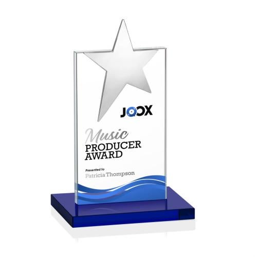 Awards and Trophies - Crystal Awards - Bryanston Chrome Star Full Color Blue Towers Crystal Award