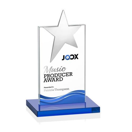 Awards and Trophies - Crystal Awards - Bryanston Chrome Star Full Color Sky Blue Towers Crystal Award