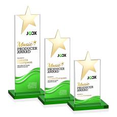 Bryanston Gold Star Full Color Green Towers Crystal Award - Full Color Imprint