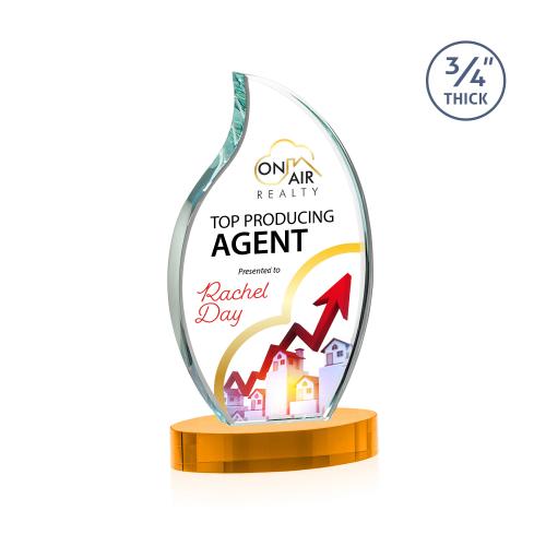 Awards and Trophies - Crystal Awards - Croydon Full Color Amber on Alberton Base Flame Crystal Award