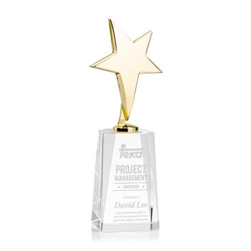 Awards and Trophies - Crystal Awards - Tuscany Gold Star on Cairns Base - Clear