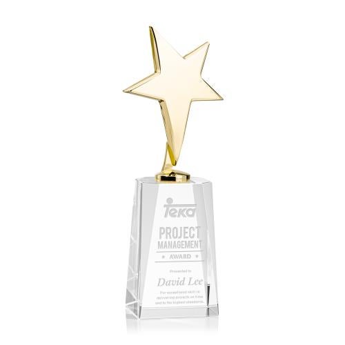Awards and Trophies - Crystal Awards - Tuscany Gold Star on Cairns Base - Clear