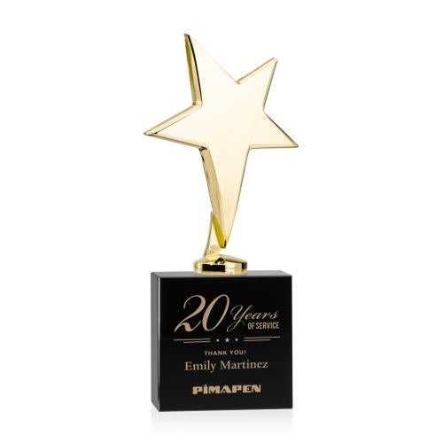 Awards and Trophies - Metal Awards - Tuscany Gold Star on Woodlawn Base - Black