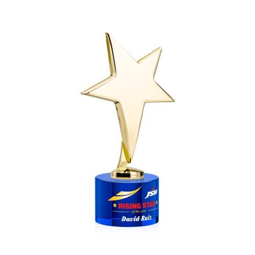 Awards and Trophies - Metal Awards - Tuscany Gold Full Color Blue on Marvel Base Star Metal Award