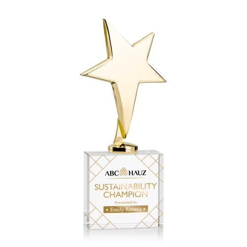 Awards and Trophies - Metal Awards - Tuscany Gold Full Color Clear on Woodlawn Base Star Metal Award