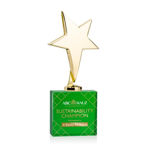 Awards and Trophies - Metal Awards - Tuscany Gold Full Color Green on Woodlawn Base Star Metal Award