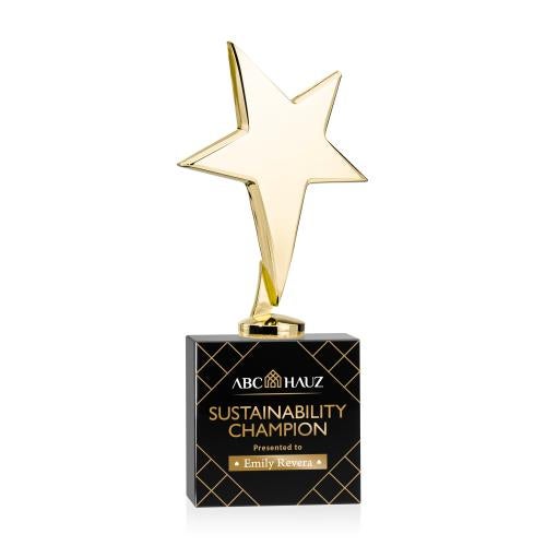 Awards and Trophies - Metal Awards - Tuscany Gold Full Color Black on Woodlawn Base Star Metal Award
