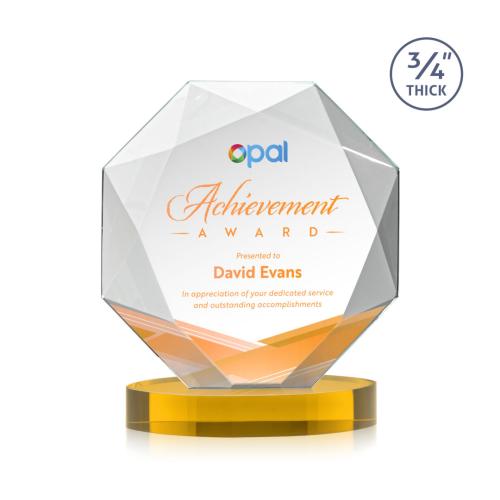 Awards and Trophies - Crystal Awards - Bradford Full Color Amber on Alberton Base Polygon Crystal Award