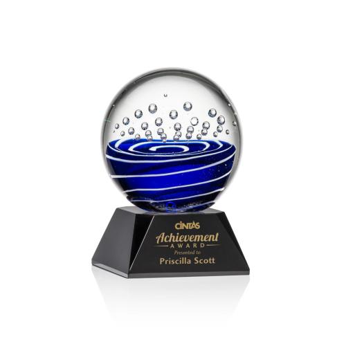 Awards and Trophies - Crystal Awards - Glass Awards - Art Glass Awards - Tranquility Black on Sheffield Base Globe Glass Award