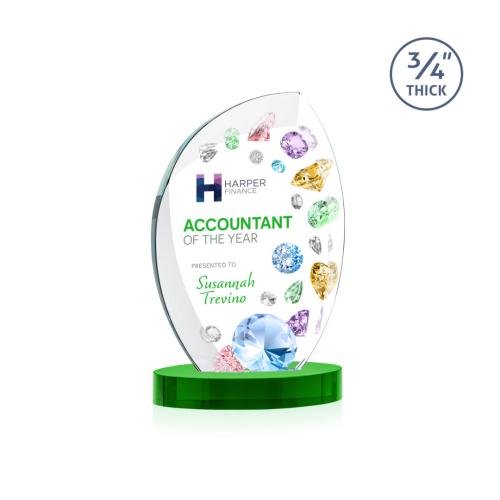 Awards and Trophies - Crystal Awards - Wichita Full Color Green on Alberton Base Flame Crystal Award