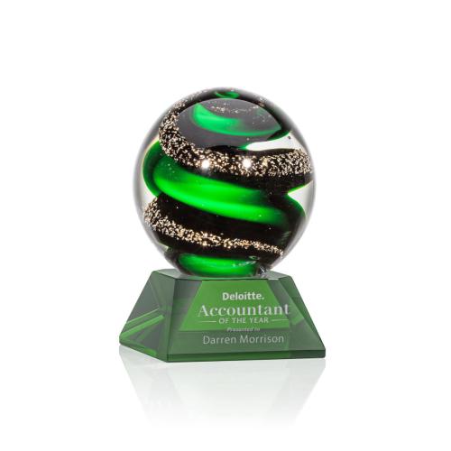 Awards and Trophies - Crystal Awards - Glass Awards - Art Glass Awards - Zodiac Green on Sheffield Base Globe Glass Award