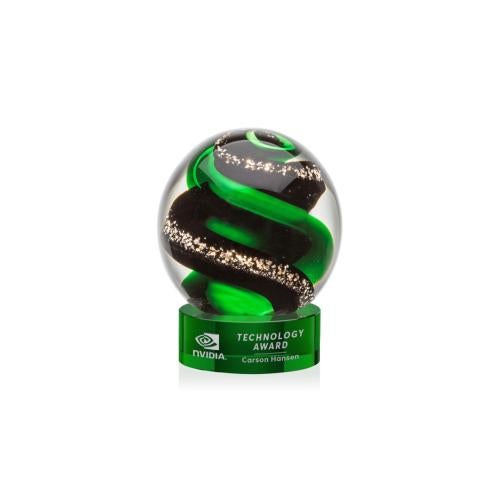 Awards and Trophies - Crystal Awards - Glass Awards - Art Glass Awards - Zodiac Green on Stanrich Base Globe Glass Award