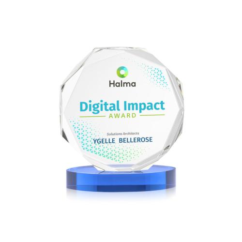 Awards and Trophies - Crystal Awards - Acadian Full Color Sky Blue on Alberton Base Polygon Crystal Award