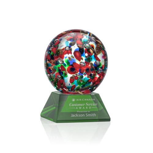 Awards and Trophies - Crystal Awards - Glass Awards - Art Glass Awards - Fantasia Green on Sheffield Base Globe Glass Award
