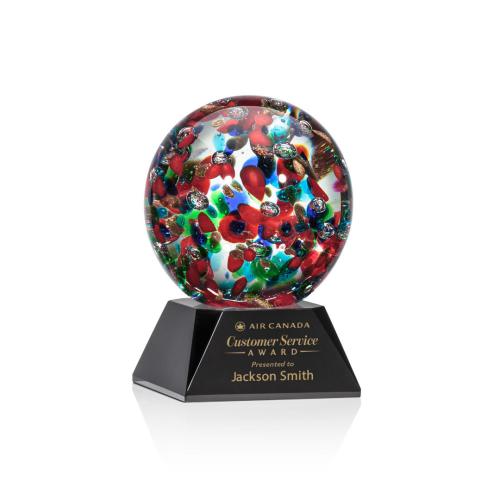 Awards and Trophies - Crystal Awards - Glass Awards - Art Glass Awards - Fantasia Black on Sheffield Base Globe Glass Award