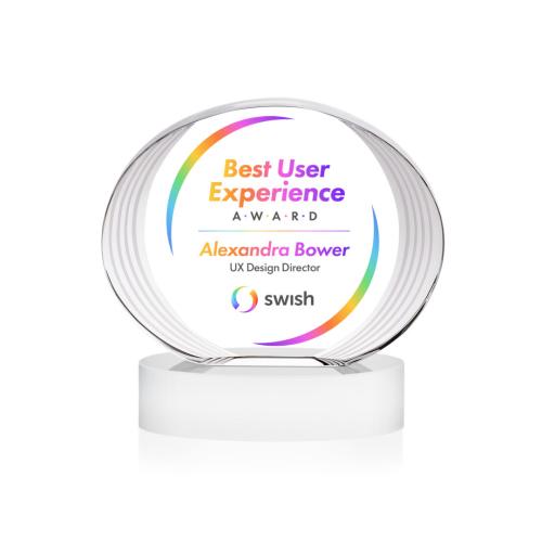 Awards and Trophies - Crystal Awards - Sheraton Full Color White on Base Circle Crystal Award