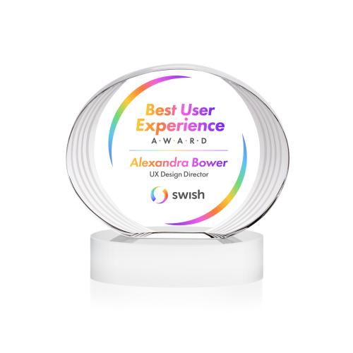 Awards and Trophies - Crystal Awards - Sheraton Full Color White on Base Circle Crystal Award