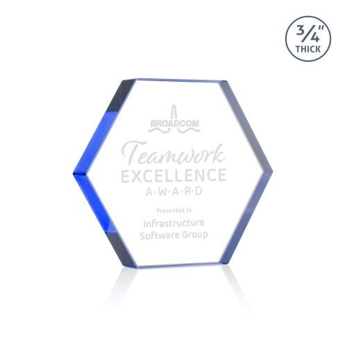 Awards and Trophies - Crystal Awards - Gilford Hexagon Blue Polygon Crystal Award