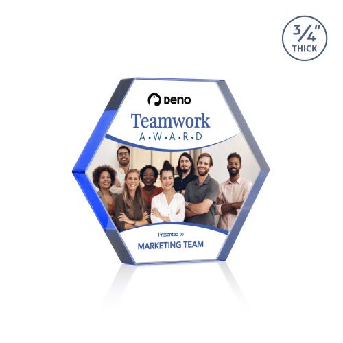 Awards and Trophies - Crystal Awards - Gilford Hexagon Full Color Blue Polygon Crystal Award