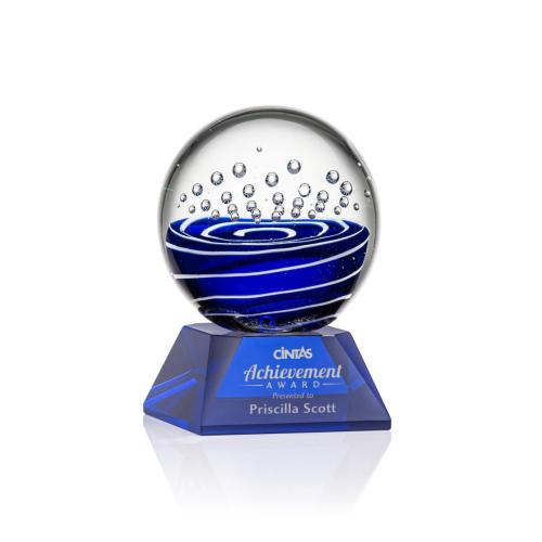 Awards and Trophies - Crystal Awards - Glass Awards - Art Glass Awards - Tranquility Blue on Sheffield Base Globe Glass Award