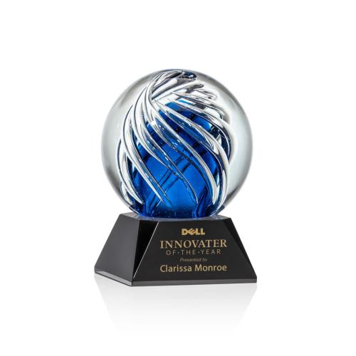 Awards and Trophies - Crystal Awards - Glass Awards - Art Glass Awards - Genista Black on Sheffield Base Globe Glass Award