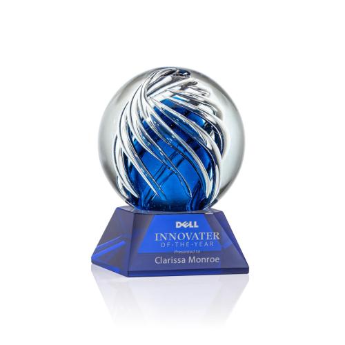 Awards and Trophies - Crystal Awards - Glass Awards - Art Glass Awards - Genista Blue on Sheffield Base Globe Glass Award