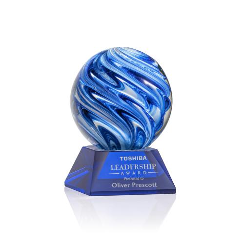 Awards and Trophies - Crystal Awards - Glass Awards - Art Glass Awards - Naples Blue on Sheffield Base Globe Glass Award
