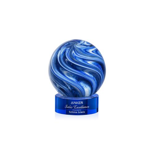Awards and Trophies - Crystal Awards - Glass Awards - Art Glass Awards - Naples Blue on Stanrich Base Globe Glass Award
