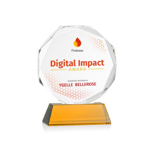 Awards and Trophies - Crystal Awards - Acadian Full Color Amber on Newhaven Base Polygon Crystal Award