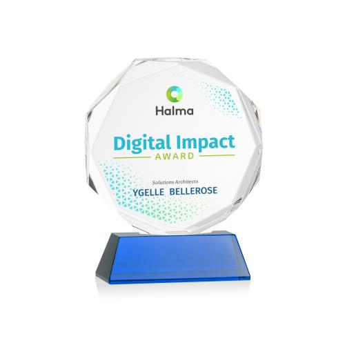 Awards and Trophies - Crystal Awards - Acadian Full Color Blue on Newhaven Base Polygon Crystal Award