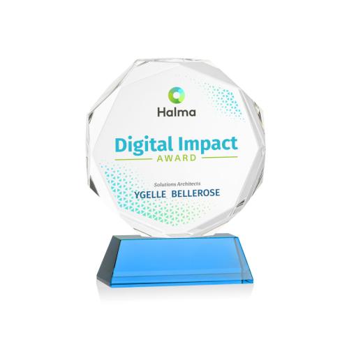 Awards and Trophies - Crystal Awards - Acadian Full Color Sky Blue on Newhaven Base Polygon Crystal Award