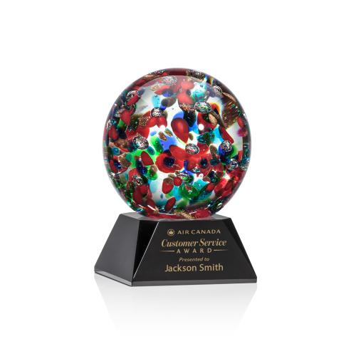 Awards and Trophies - Crystal Awards - Glass Awards - Art Glass Awards - Fantasia Black on Sheffield Base Globe Glass Award