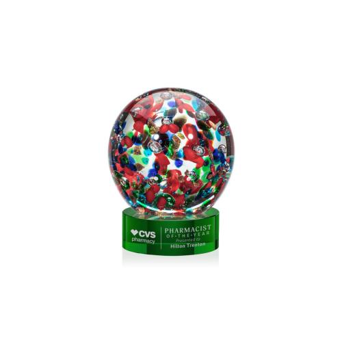Awards and Trophies - Crystal Awards - Glass Awards - Art Glass Awards - Fantasia Green on Stanrich Base Globe Glass Award