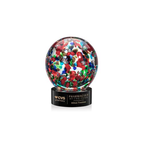 Awards and Trophies - Crystal Awards - Glass Awards - Art Glass Awards - Fantasia Black on Stanrich Base Globe Glass Award