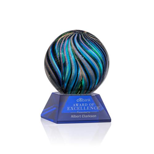 Awards and Trophies - Crystal Awards - Glass Awards - Art Glass Awards - Malton Blue on Sheffield Base Globe Glass Award