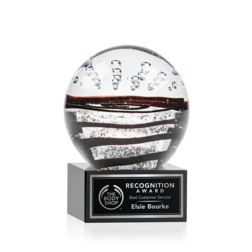 Awards and Trophies - Crystal Awards - Glass Awards - Art Glass Awards - Serenity Black on Hancock Base Globe Glass Award