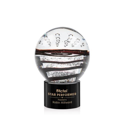 Awards and Trophies - Crystal Awards - Glass Awards - Art Glass Awards - Serenity Black on Marvel Base Globe Glass Award