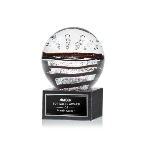 Awards and Trophies - Crystal Awards - Glass Awards - Art Glass Awards - Serenity Black on Square Marble Globe Glass Award