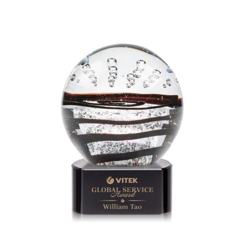 Awards and Trophies - Crystal Awards - Glass Awards - Art Glass Awards - Serenity Black on Paragon Base Globe Glass Award