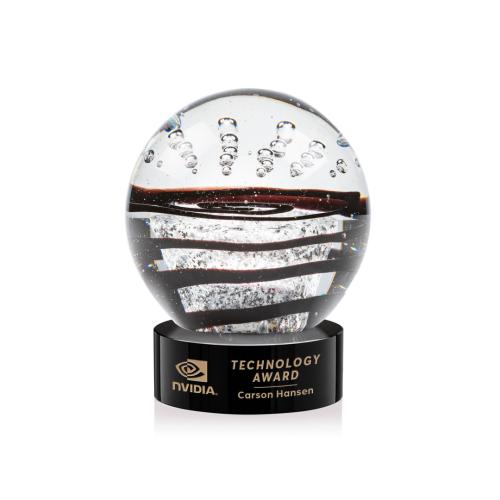 Awards and Trophies - Crystal Awards - Glass Awards - Art Glass Awards - Serenity Black on Stanrich Base Globe Glass Award