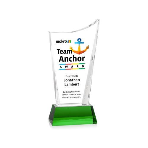 Awards and Trophies - Crystal Awards - Burnett Full Color Green on Newhaven Base Peaks Crystal Award