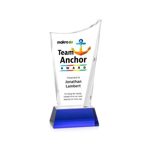 Awards and Trophies - Crystal Awards - Burnett Full Color Blue on Newhaven Base Peaks Crystal Award