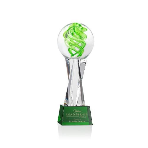 Awards and Trophies - Crystal Awards - Glass Awards - Vortex Green on Grafton Base Globe Glass Award