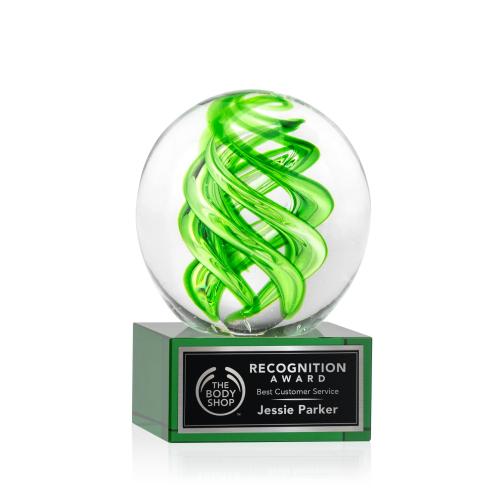 Awards and Trophies - Crystal Awards - Glass Awards - Vortex Green on Hancock Base Globe Glass Award